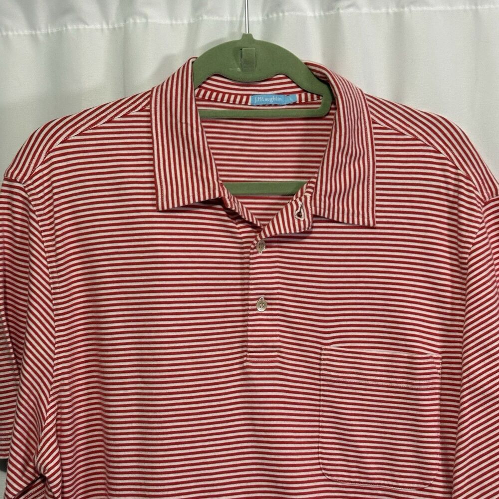 J McLaughlin Large Pima Cotton Red White Striped Polo Shirt Mens Golf Soft EUC - Picture 2 of 7